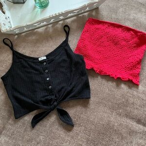 Garage XS Black Cropped Button Down Tank Top & Small Red Cropped Ruched Bra Top
